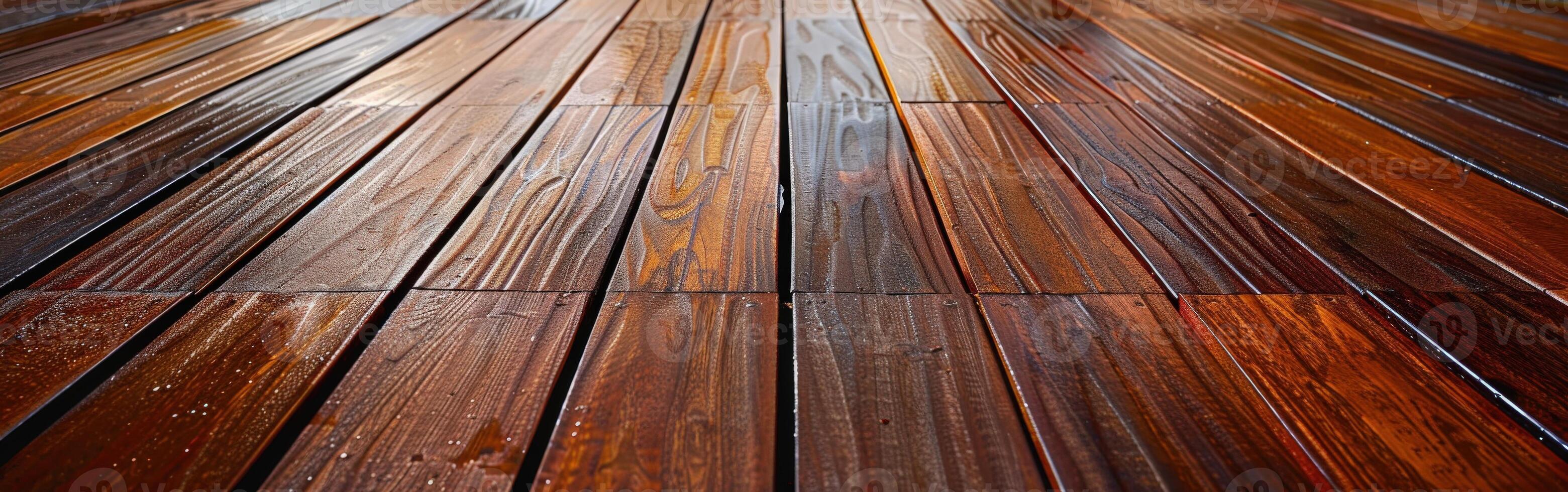 Close-up of wooden decking with a glossy finish after rain photo