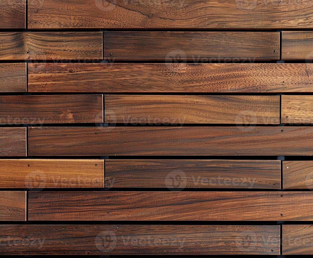 Close-up view of polished wood decking with rich grain patterns photo