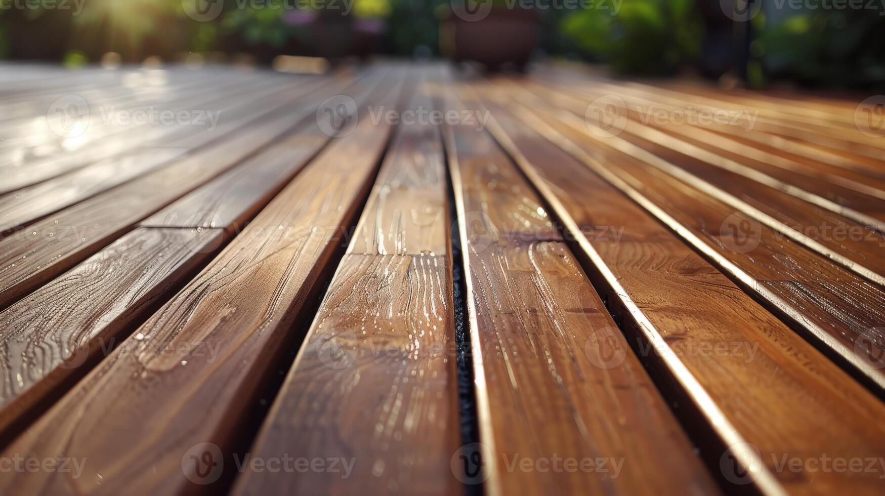 Close-up of gleaming wood decking in a sunlit garden setting photo