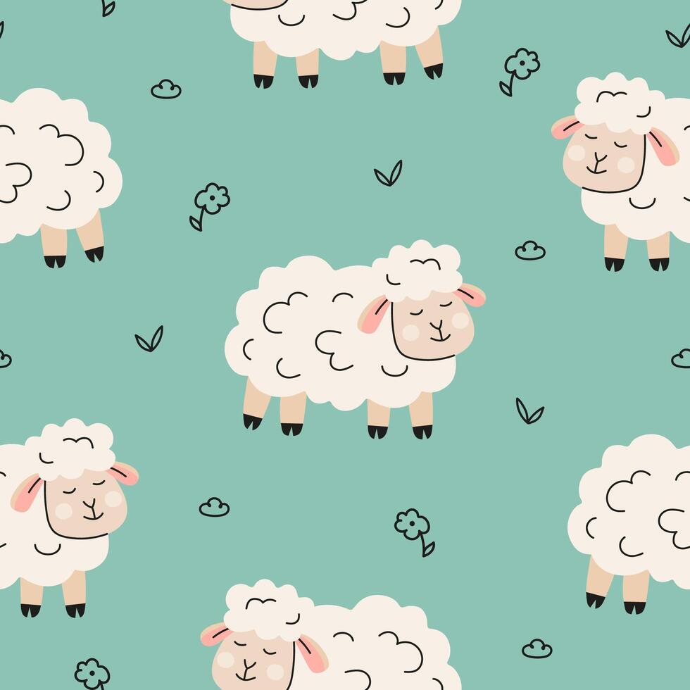 Seamless pattern with sheep and floral elements vector