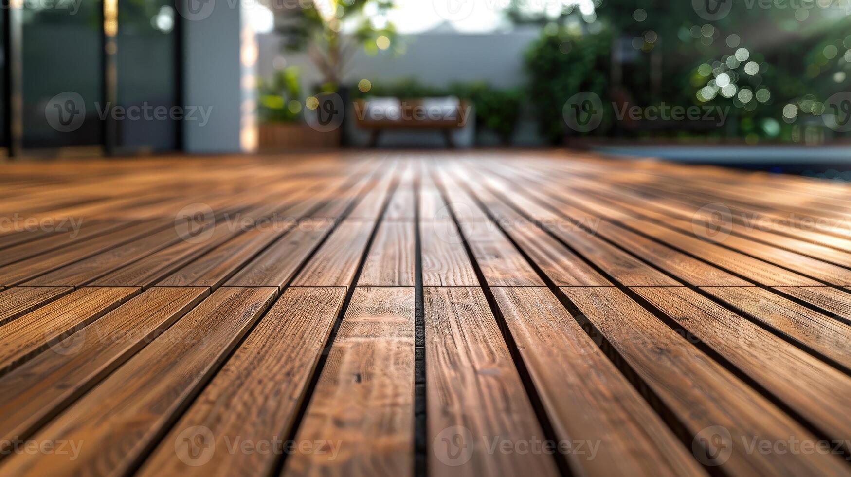 Sunlit wooden decking with lush greenery in the background photo