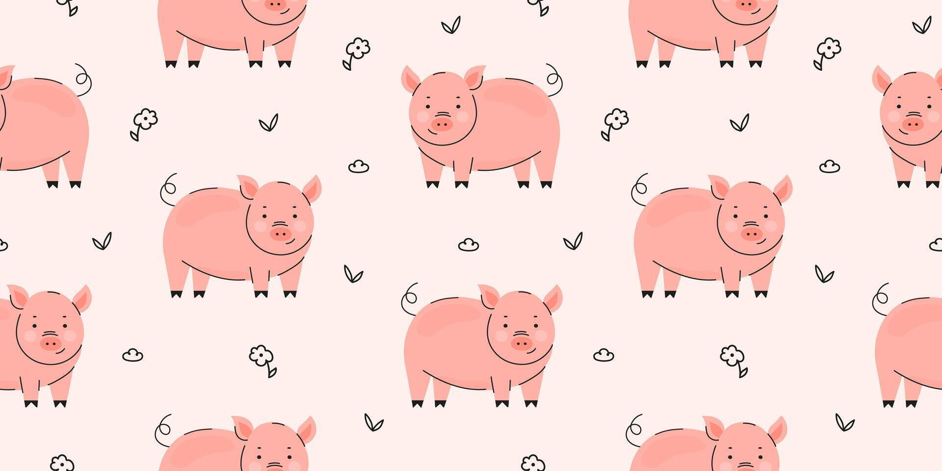 Cute pig with flower seamless pattern background vector