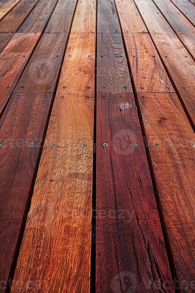 Wooden decking planks arranged in a herringbone pattern on a sunny day photo
