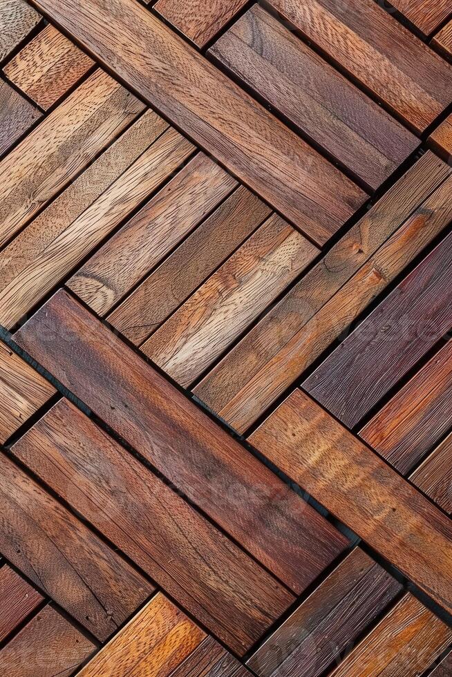 Wood decking arranged in a herringbone pattern in warm tones photo