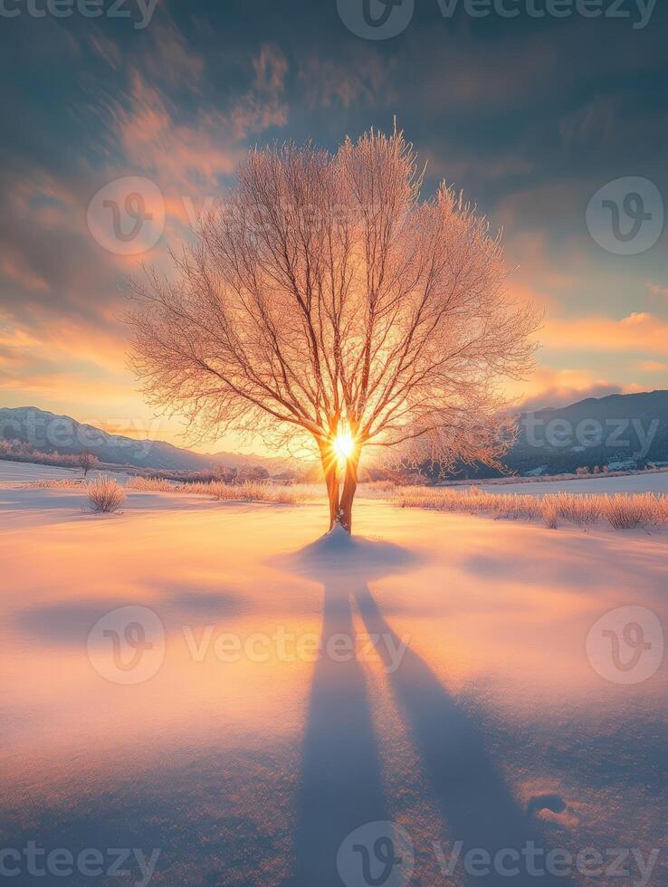 Beautiful winter sunset behind a frosty tree in a snowy landscape photo