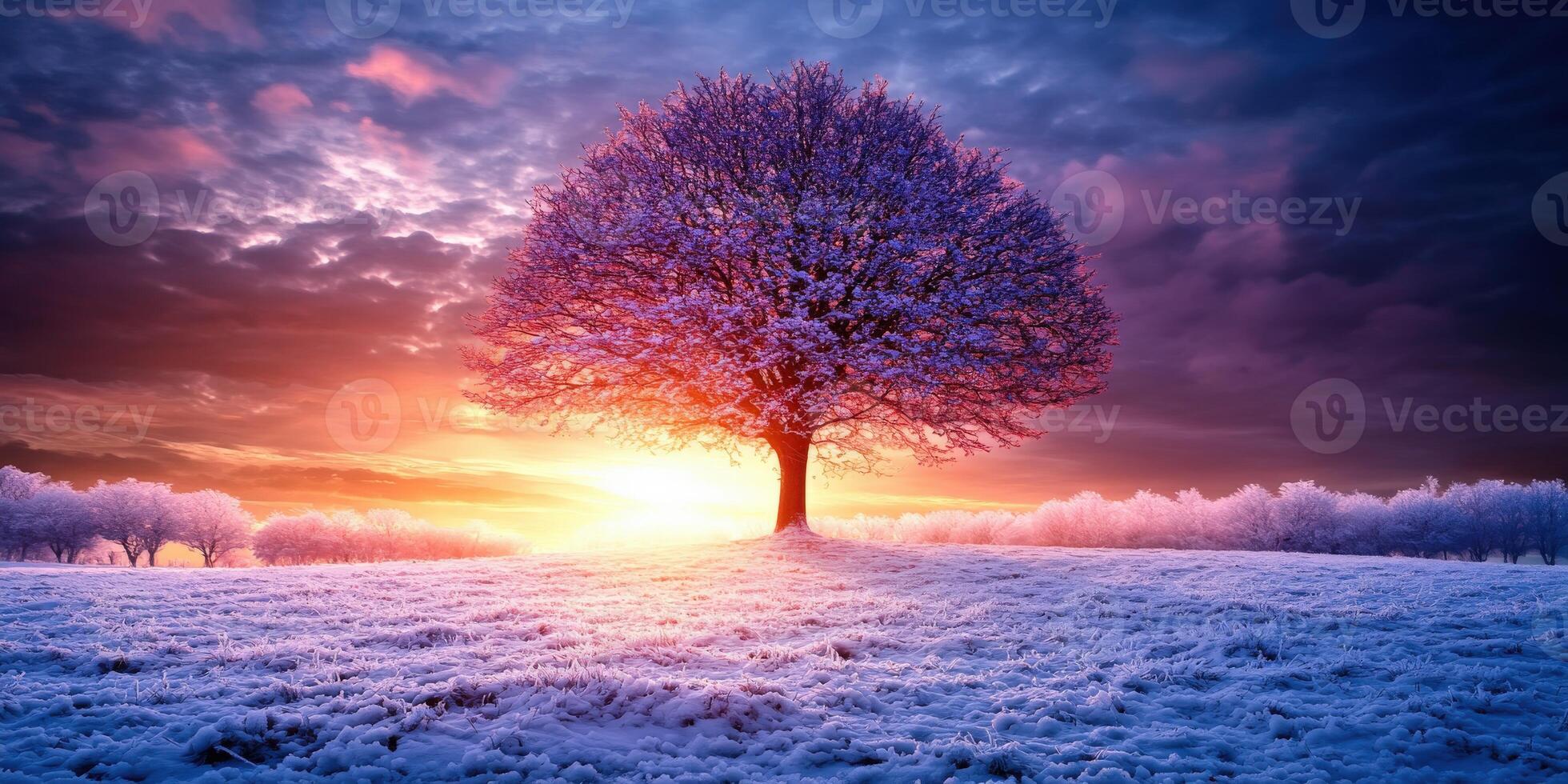 Snow-covered tree at sunset in a wintry landscape photo