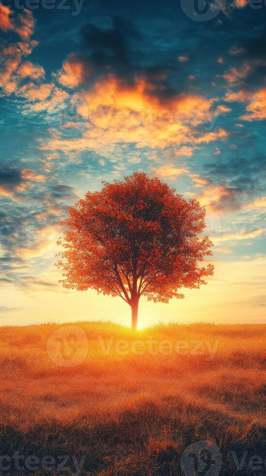 Beautiful autumn sunset with a solitary tree in a golden field photo