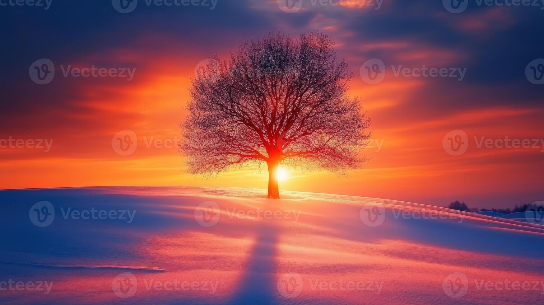 Sunset behind a solitary tree in a snowy landscape during winter photo