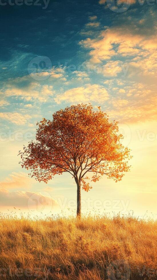 Autumn sunset with a solitary tree in a grassy field photo