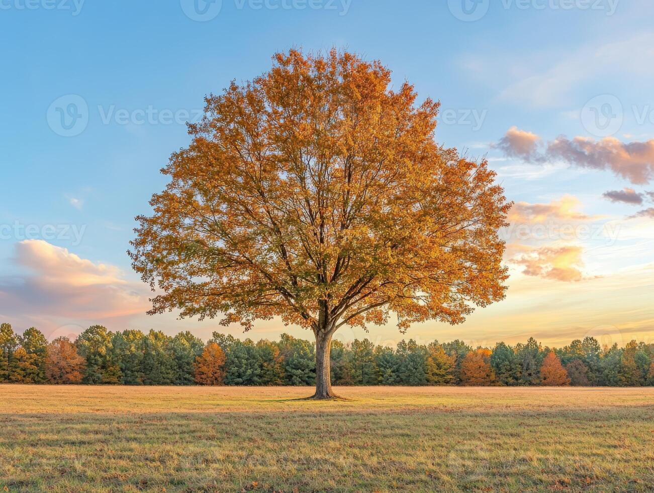 Autumn sunset over a vibrant maple tree in an open field photo