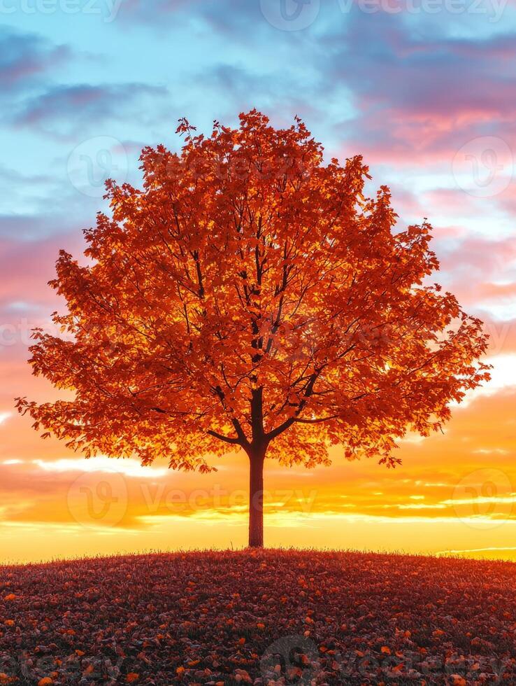 Bright orange tree during sunset on a serene hilltop photo
