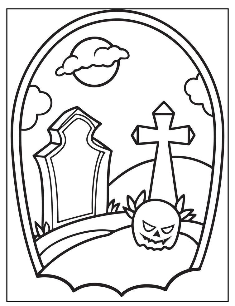 Halloween graveyard coloring page, line art, black and white design design, Halloween design, Halloween black and white design, vector