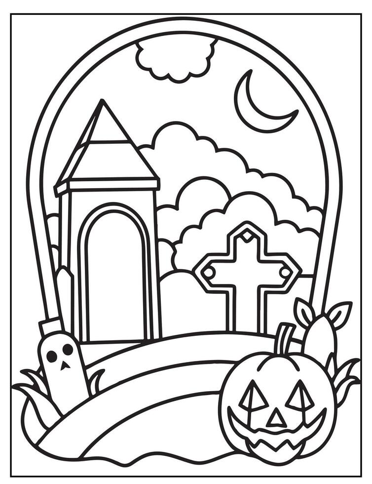 Halloween Graveyard coloring Page, Black and white line art vector
