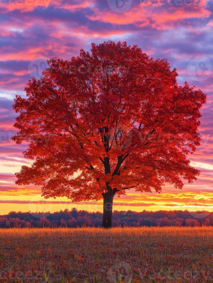 Vibrant red tree at sunset in a serene autumn landscape photo