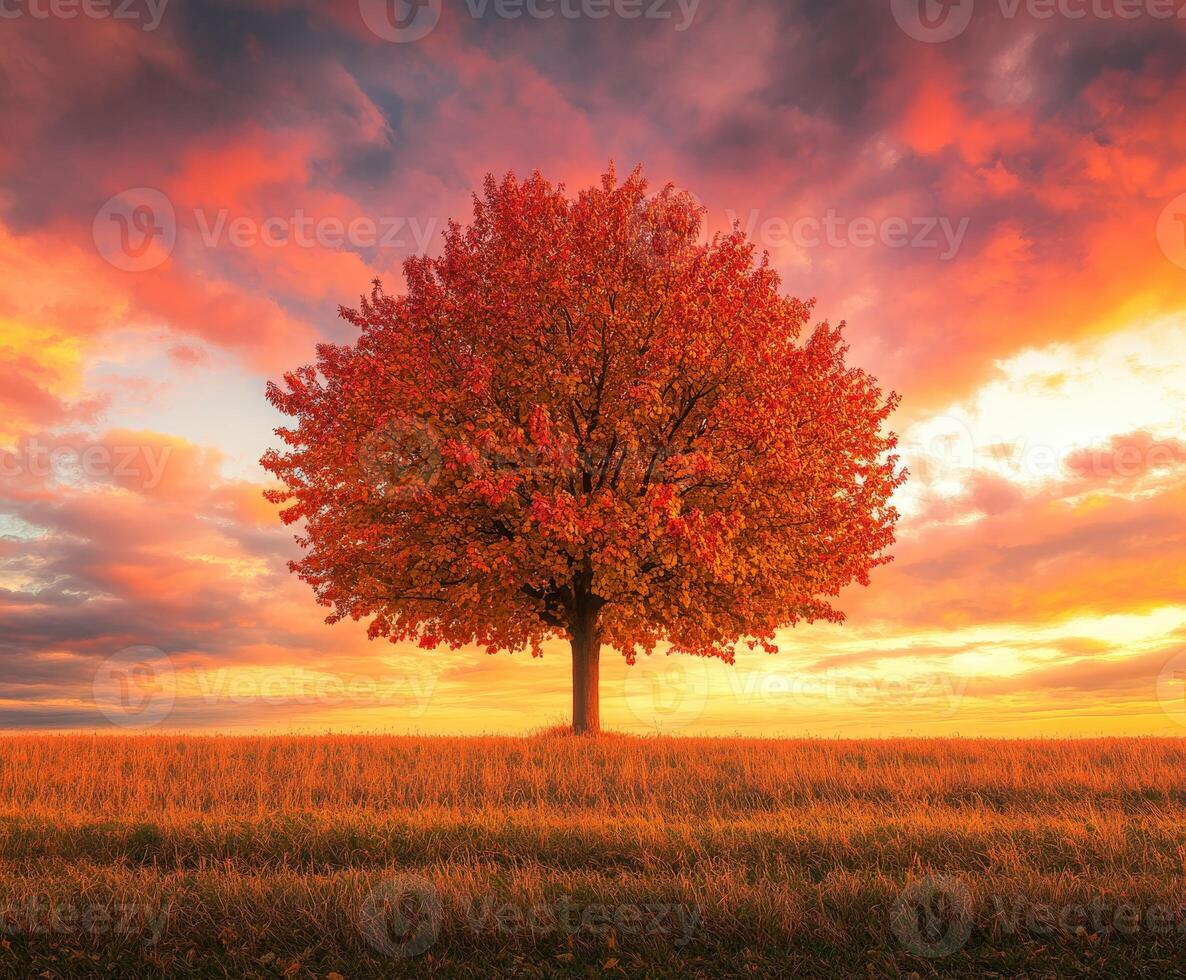 A vibrant tree in autumn against a colorful sunset sky photo