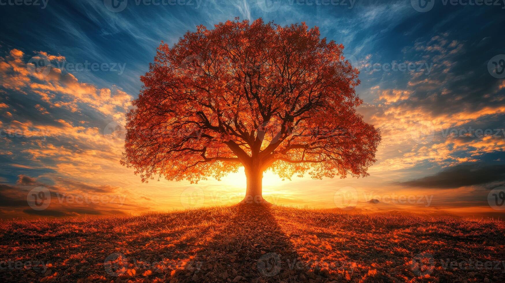 A large autumn tree silhouetted against a vibrant sunset sky photo