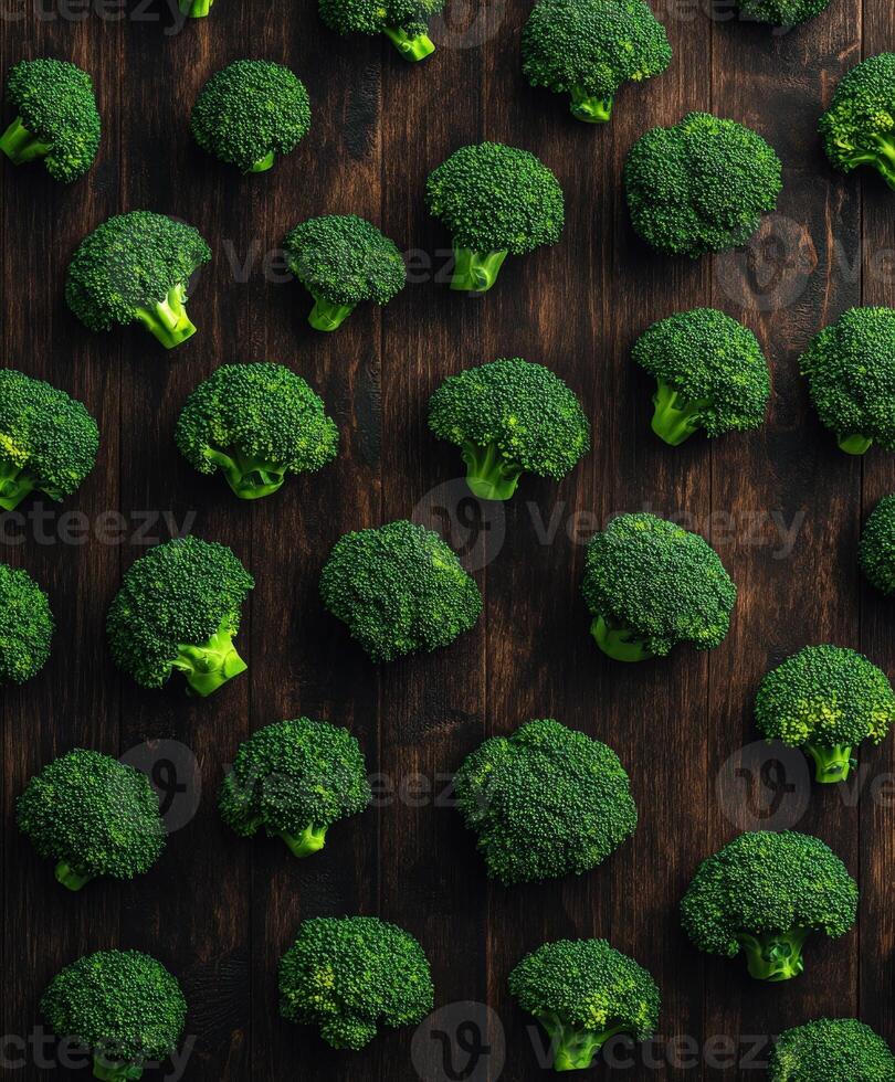 Fresh broccoli arranged on a wooden surface in a neat pattern photo