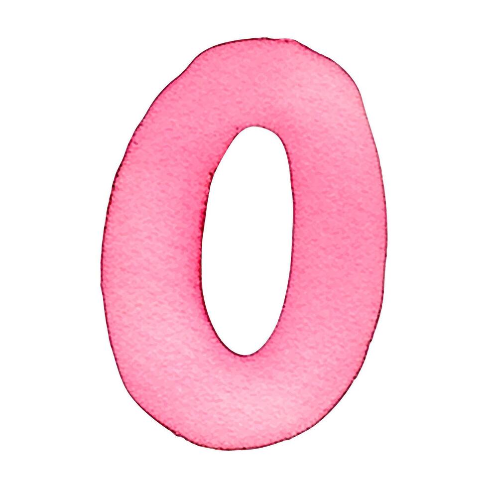 Hand drawn watercolor number 0. Pink painting of the number zero isolated on a white background. vector