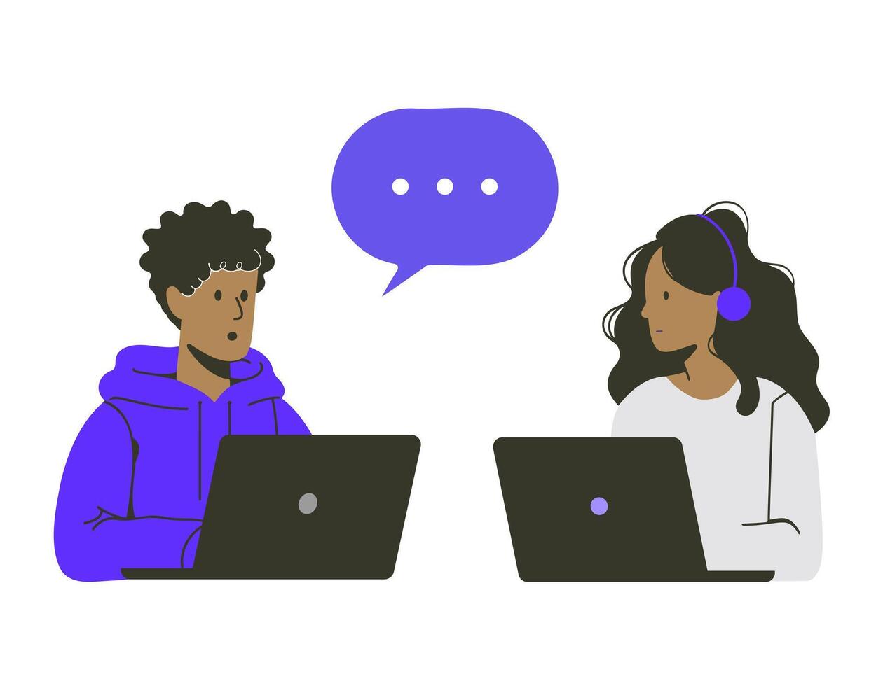 Two people work together and discuss their tasks in front of their computers. Communication. Flat style illustration vector