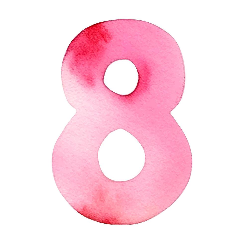 Hand drawn watercolor number 8. Pink painting of the number eight isolated on a white background. vector