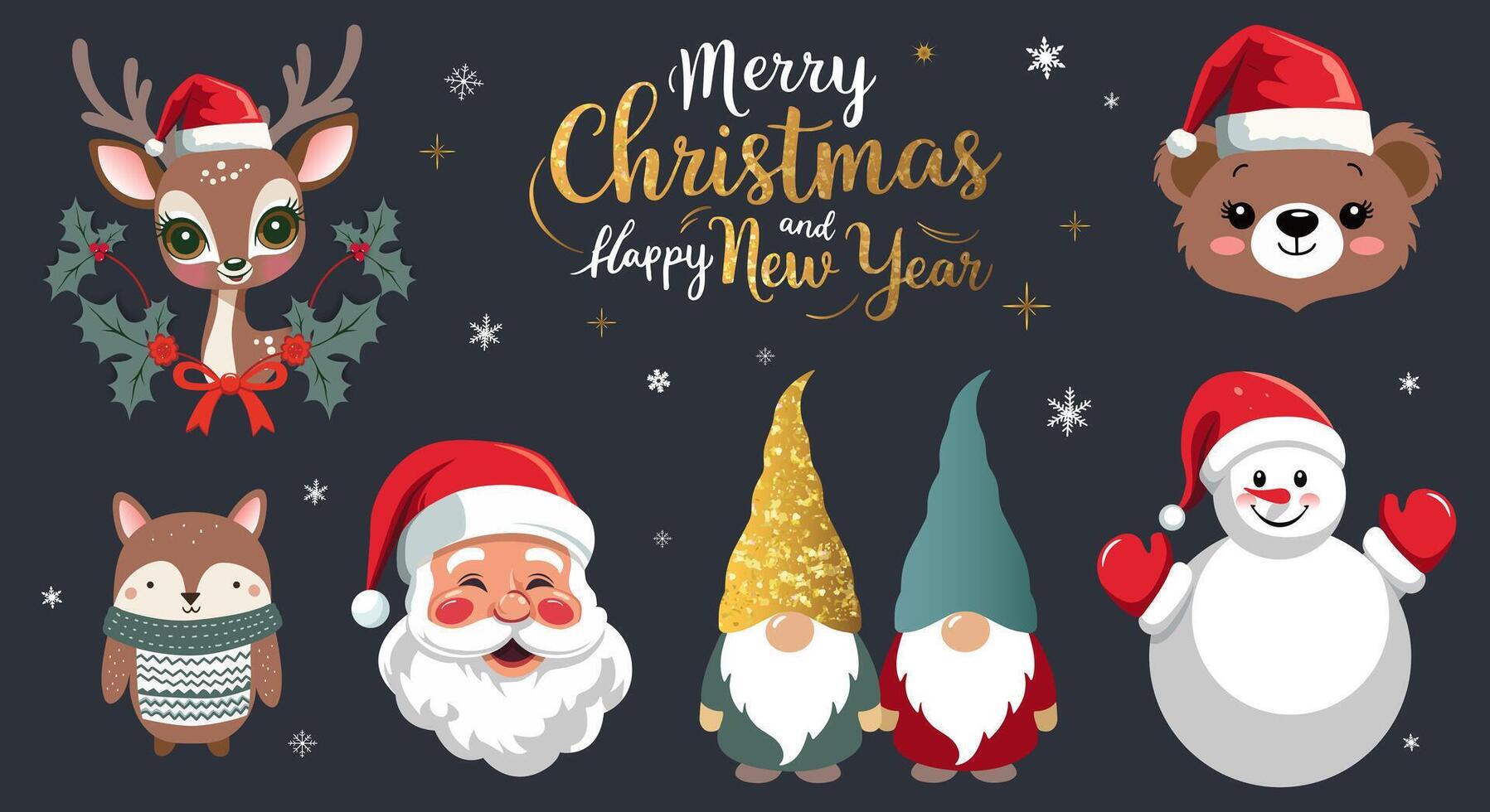 Merry Christmas set with Santa, lettering, winter animals, gnomes. Winter characters set. For banner, card, package. vector