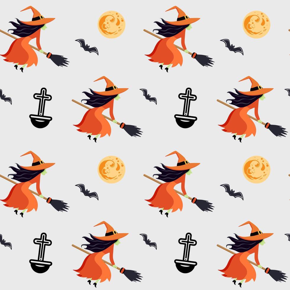 Halloween pattern with witch on a broom. Halloween background. Orange witch flying on broom vector