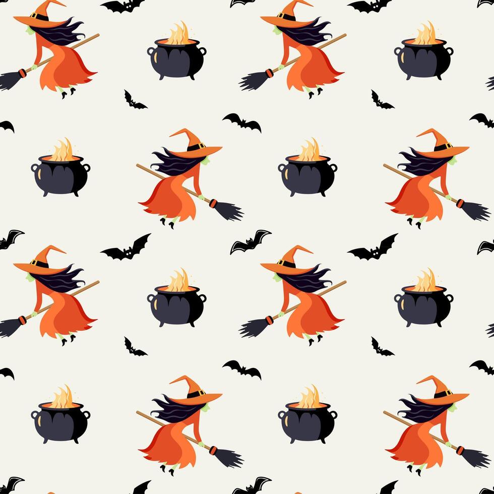 Halloween background, seamless pattern with witch and cauldron. vector