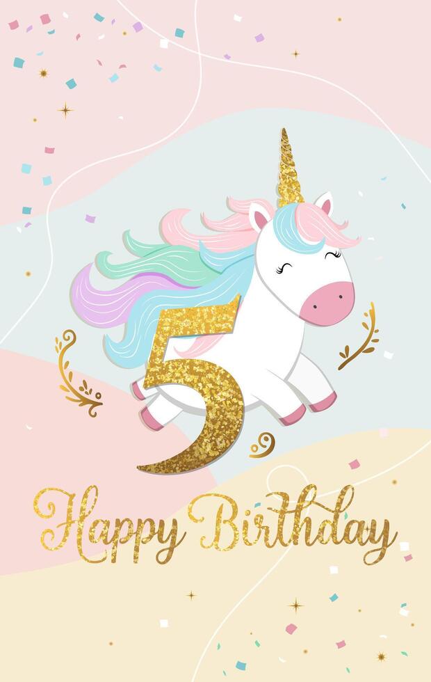 Happy birthday card with cute unicorn and number five. Gentle unicorn Birthday template, greeting card, invitation vector