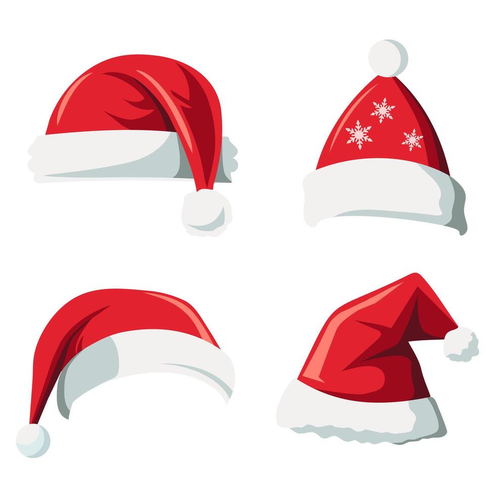 Set of Santa hats. Realistic santa claus hat colllection, holiday cap to xmas illustration. New Year hats. vector