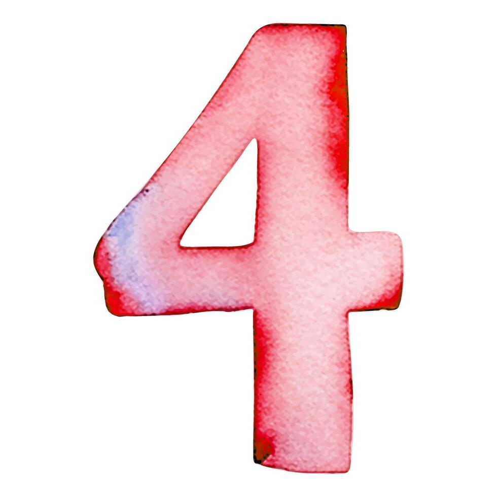 Hand drawn watercolor number 4. Pink painting of the number four isolated on a white background. vector