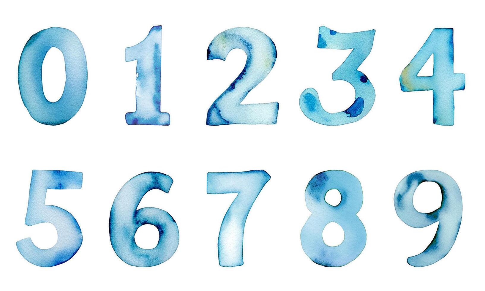 Set of colorful watercolor numbers. Handwriting blue numbers 0-9. Hand painted watercolor numbers. vector