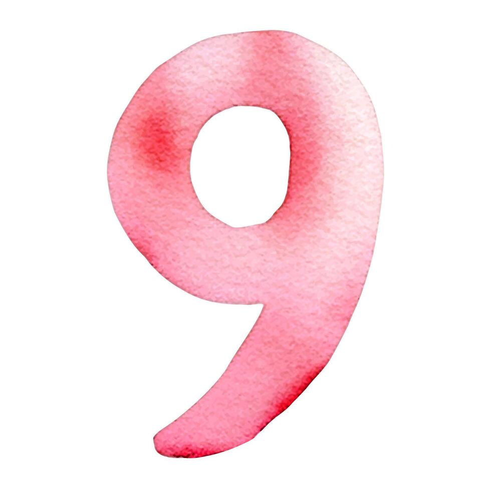 Hand drawn watercolor number 9. Pink painting of the number nine isolated on a white background. vector