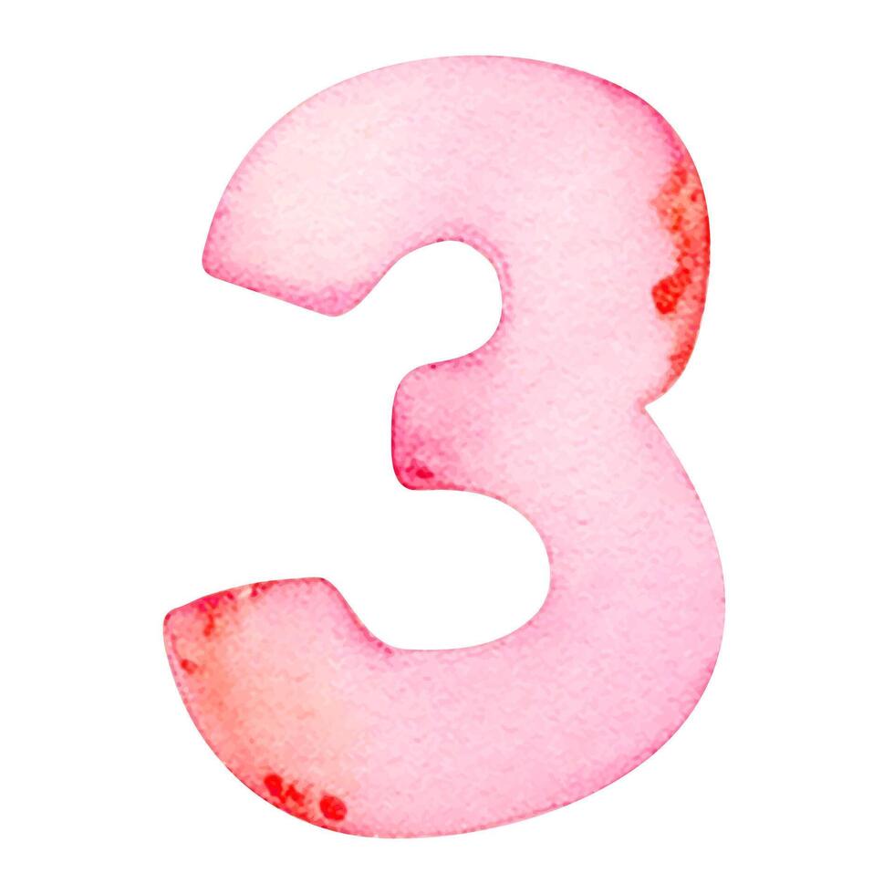 Hand drawn watercolor number 3. Pink painting of the number three isolated on a white background. vector