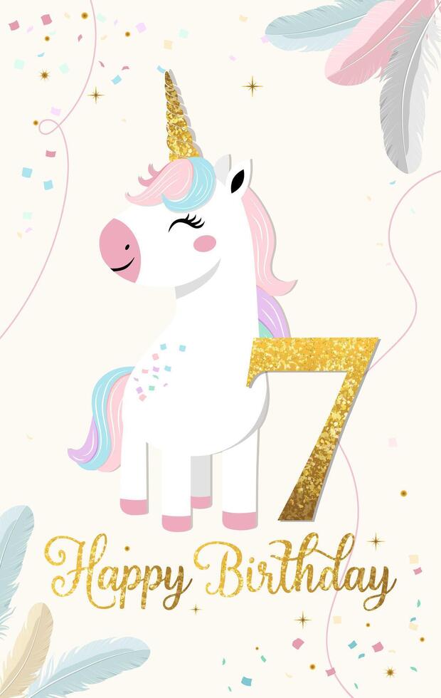Happy birthday card with cute unicorn and number seven. Gentle unicorn Birthday template, greeting card, invitation vector