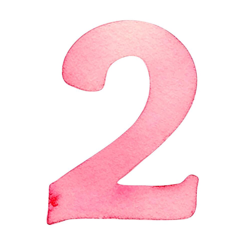 Hand drawn watercolor number 2. Pink painting of the number two isolated on a white background. vector