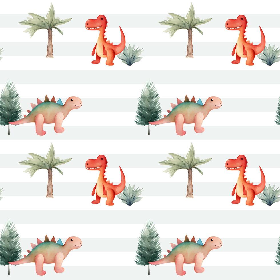 Seamless pattern with cute watercolor dinosaurs and trees. Watercolor nursery backgrounds vector