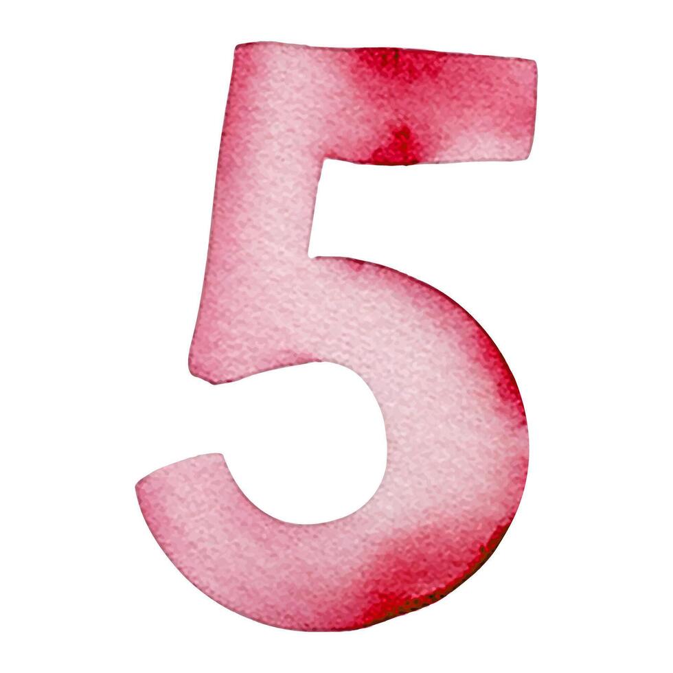 Hand drawn watercolor number 5. Pink painting of the number five isolated on a white background. vector