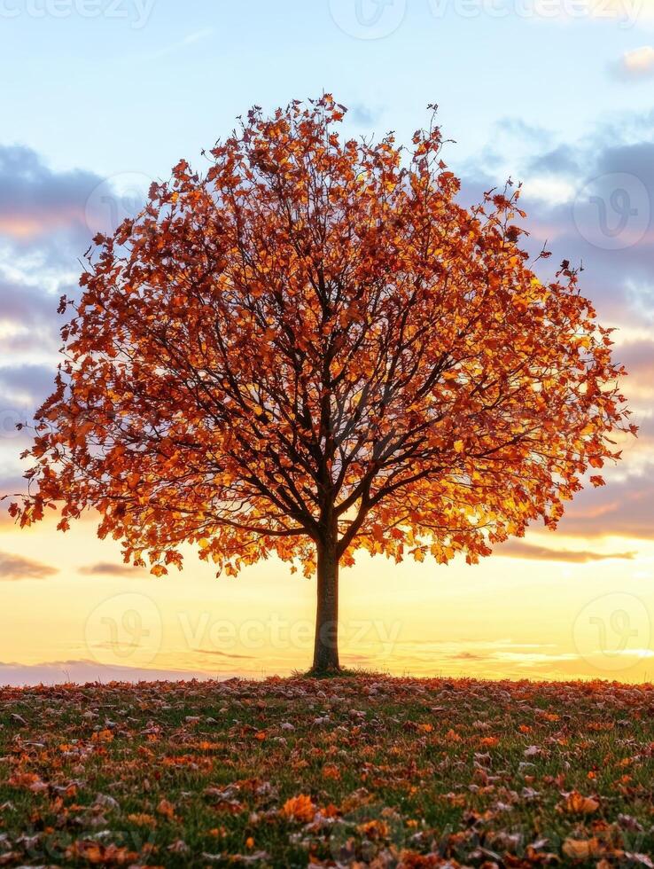 Autumn sunset behind a lone tree with golden leaves on a hillside photo