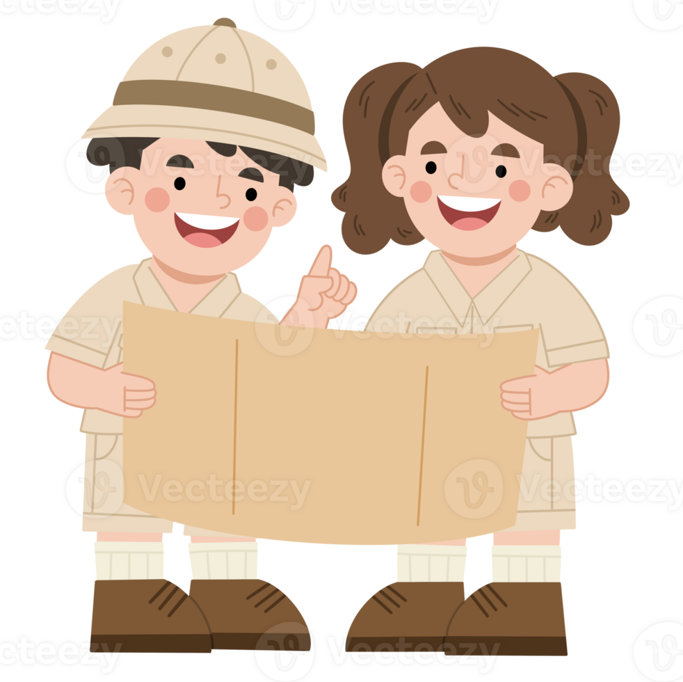 Illustration of Boy and girl adventurers looking at map png