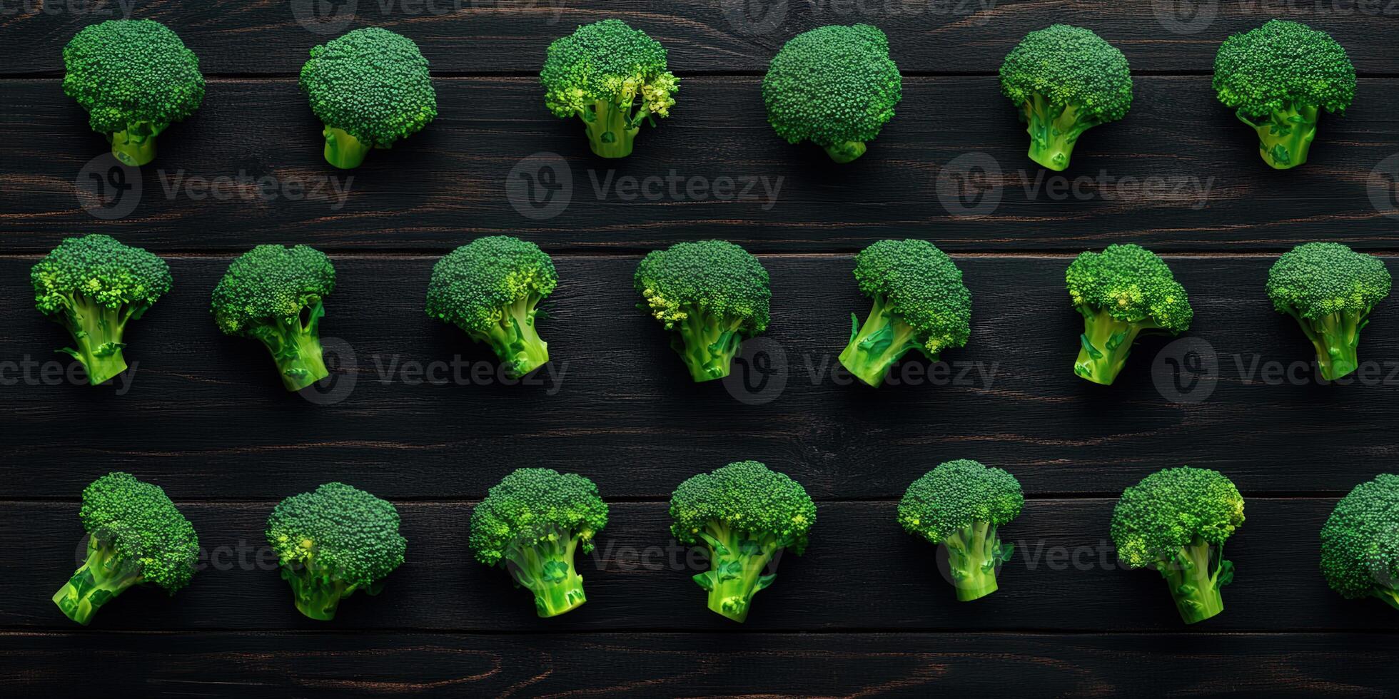 Fresh broccoli arranged on a wooden table in a neat pattern photo