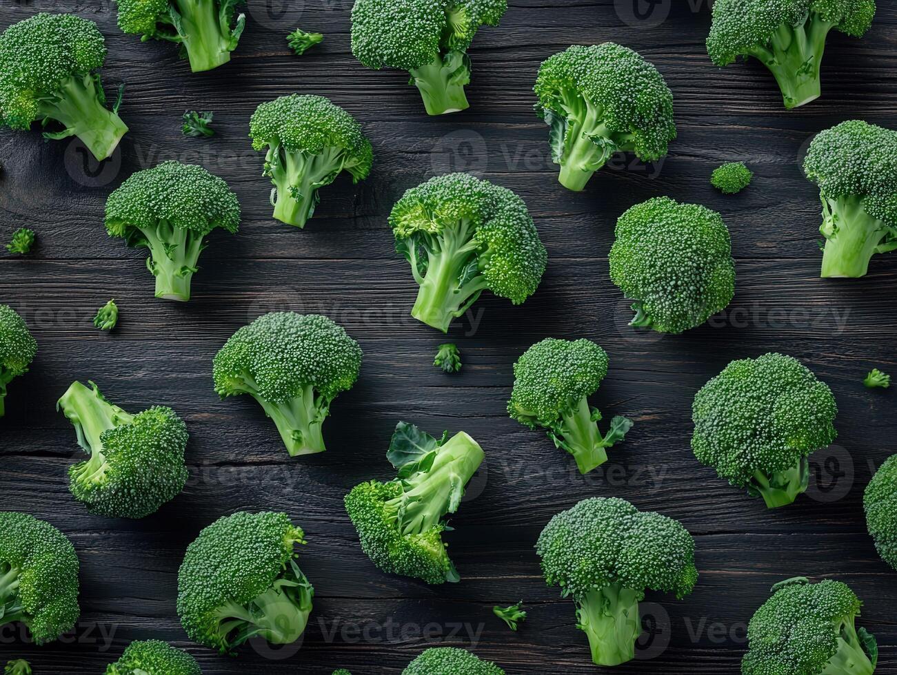 Fresh green broccoli arranged on a dark wooden surface photo
