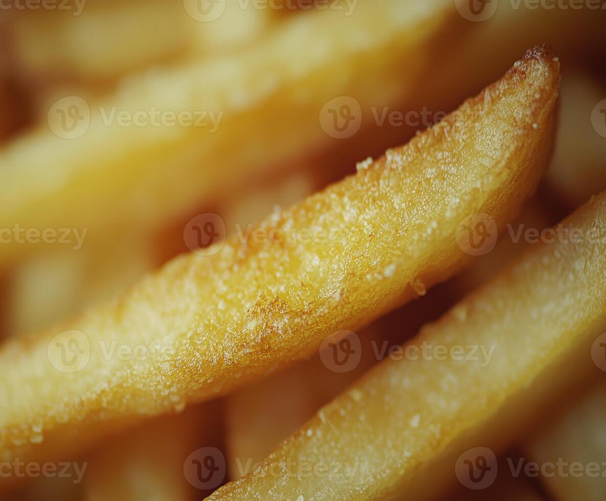 Crispy golden French fries close-up on a plate in a fast food setting photo