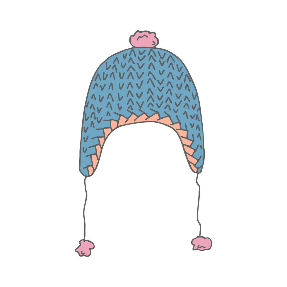 Ear flap hat doodle Hand drawn winter accessories. Single design element for card, print, design, decor vector
