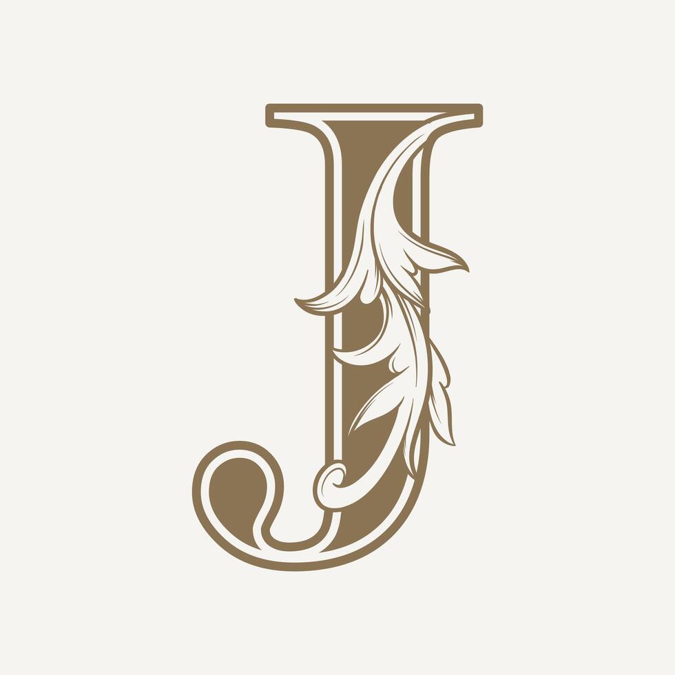 stylized fancy letter J with a leaf flower vintage ornament vector