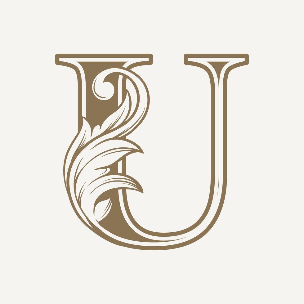 stylized fancy letter U with a leaf flower vintage ornament vector