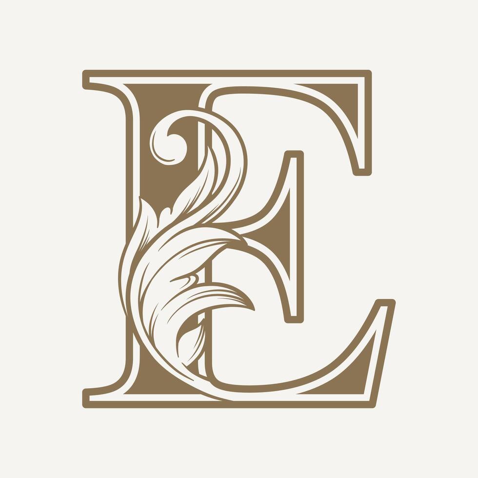 stylized fancy letter E with a leaf flower vintage ornament vector