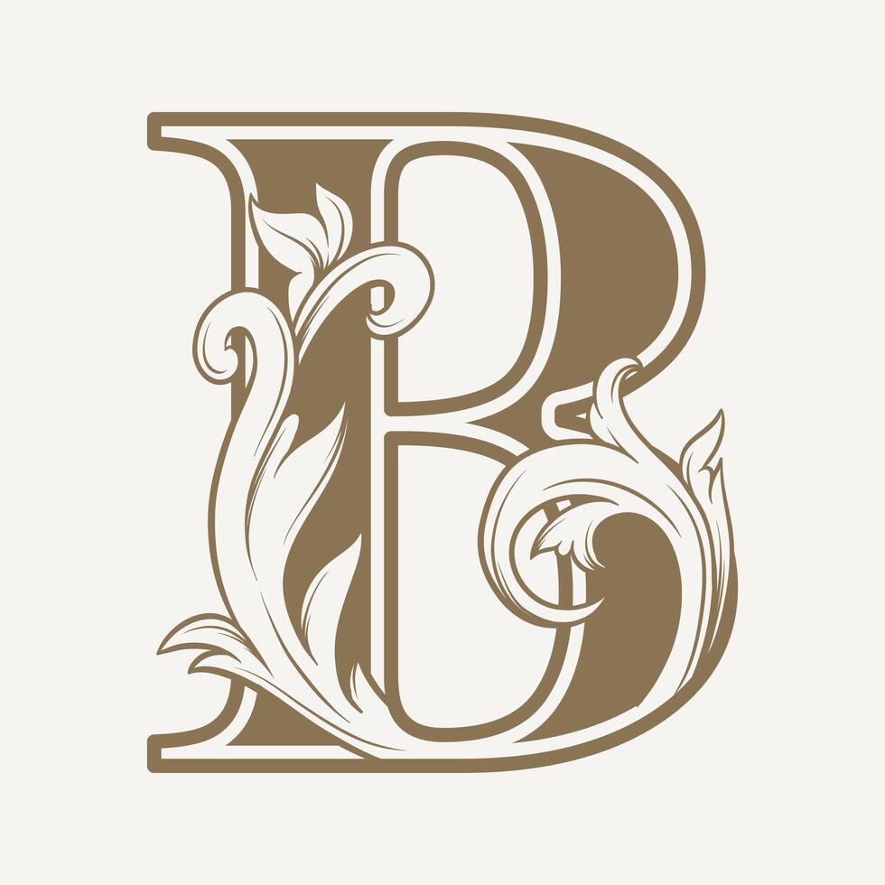 stylized fancy letter B with a leaf flower vintage ornament vector
