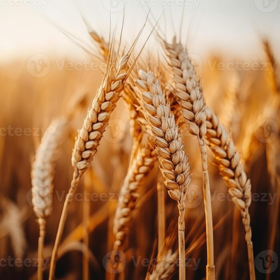 Golden wheat field swaying gently in the warm evening light photo