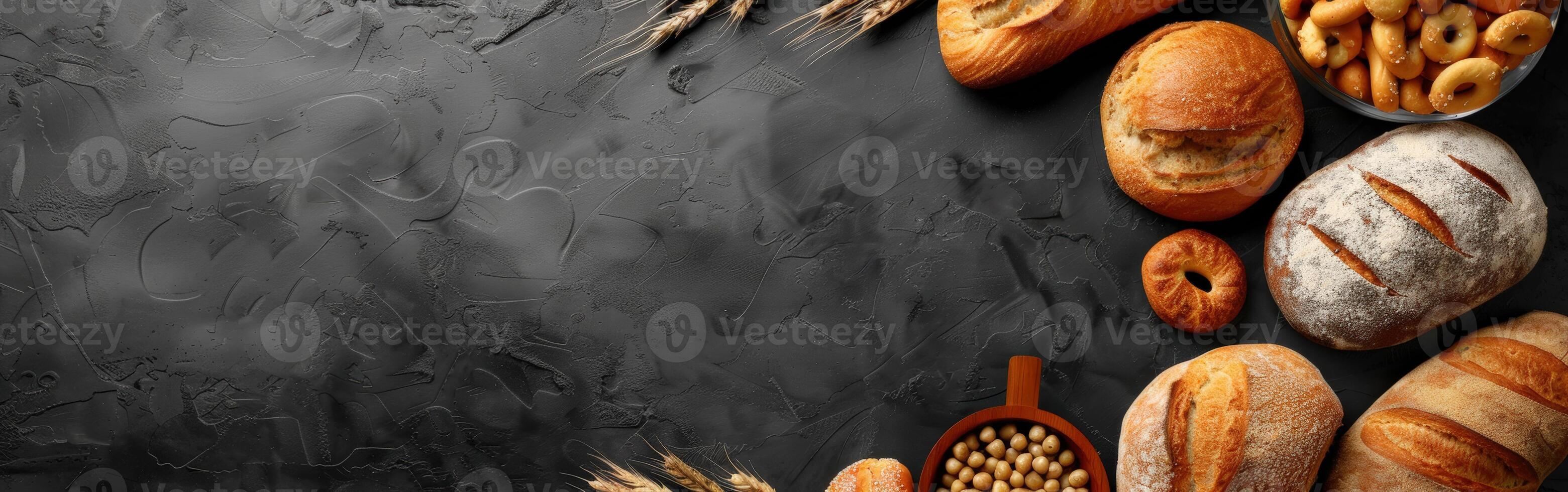 Freshly baked bread assortment with rustic ingredients on a dark background photo