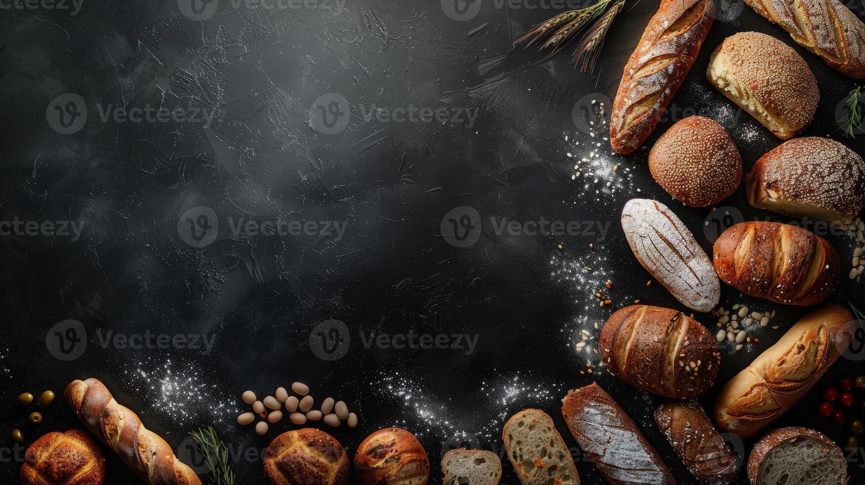 Freshly baked bread assortment on a dark background with copy space photo